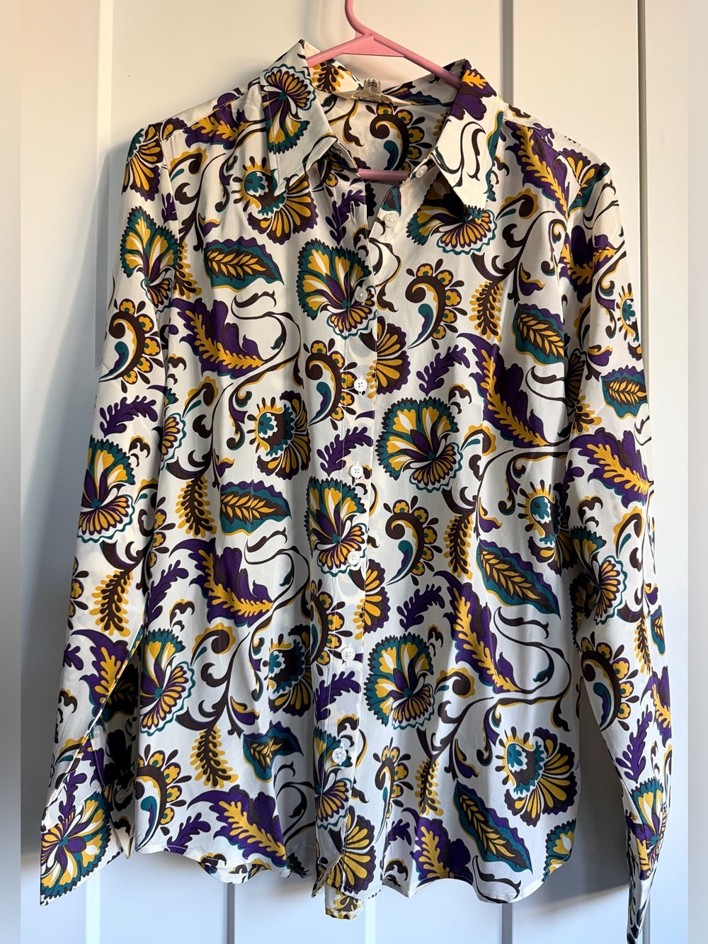 Boden White Button-Down Shirt with Purple, Gold & Teal Floral Print - size 10